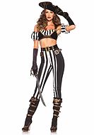 Kvinnlig pirat, maskeraddräkt med topp och byxor, inlägg av läder, vertikala ränder